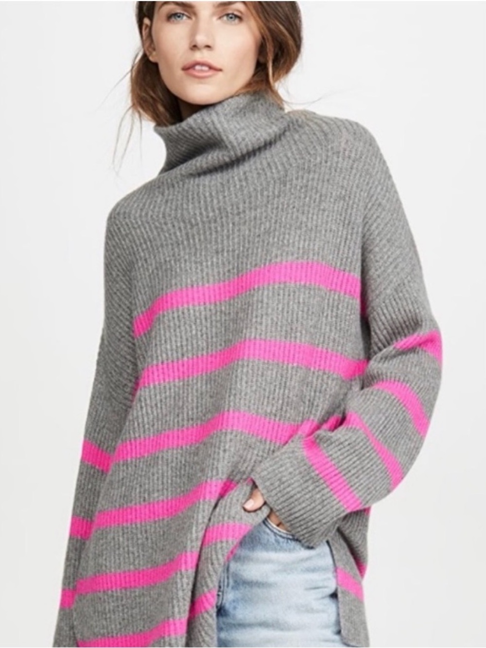 Cashmere Cozy Grey & Pink Striped Turtleneck Sweater